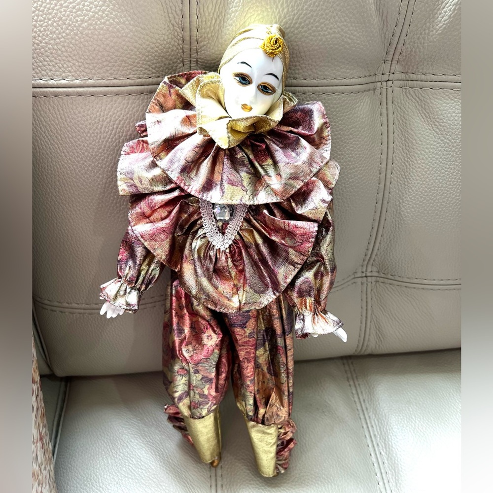 Vintage European Bijoux Brigitte Harlequin style porcelain doll